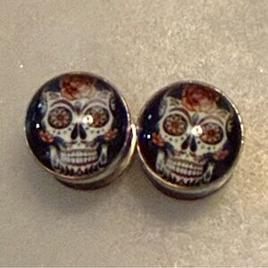 Sugar Skull Stud Earrings Edgy Day Of The Dead Tattoo Screw Back Dumbbell Retro